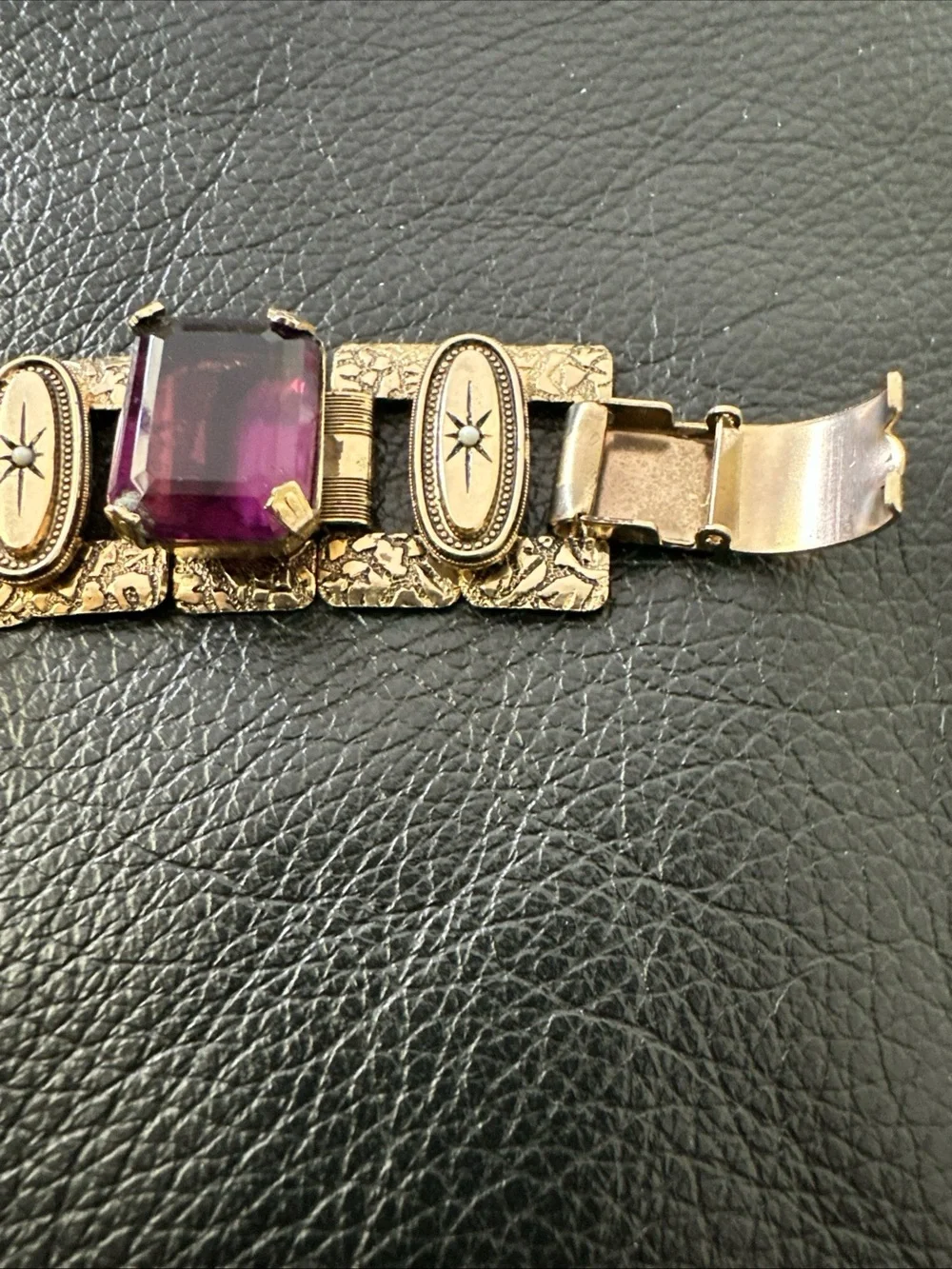 Vintage book chain panel Bracelet with Purple Glass Stones - Picture 2 of 6